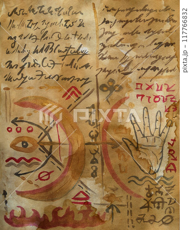 Hand drawn illustration of decorated old page with hand and mystic symbols from witch magic spell book. Gothic, occult and esoteric background. Only fantasy letters, no foreign language Hand drawn illustration of decorated old page with hand and mystic symbols from witch magic spell book. Gothic, occult and esoteric background. Only fantasy letters, no foreign language 117766832