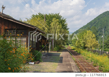 夏の上神梅駅/オレンジ色のコスモスが咲くホーム【わたらせ渓谷鐡道】群馬県 夏の上神梅駅/オレンジ色のコスモスが咲くホーム【わたらせ渓谷鐡道】群馬県 117766913