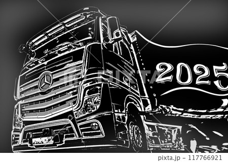 Illustrative.Modern Mercedes Benz truck with New Year's date on board. Mercedes Benz Actros truck in the haze with a curved body. Illustrative.Modern Mercedes Benz truck with New Year's date on board. Mercedes Benz Actros truck in the haze with a curved body. 117766921