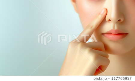 "鼻を指差す若い女性の顔のクローズアップ" 117766957