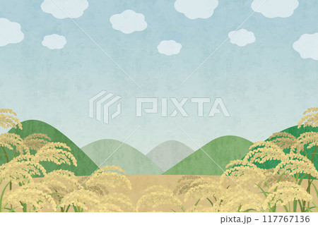 稲穂の風景 田んぼの水彩イラスト 米の背景 稲穂の風景 田んぼの水彩イラスト 米の背景 117767136