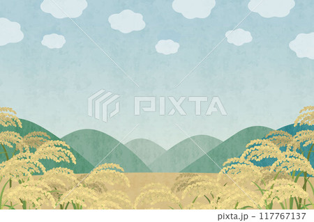 稲穂の風景 田んぼの水彩イラスト 米の背景 117767137