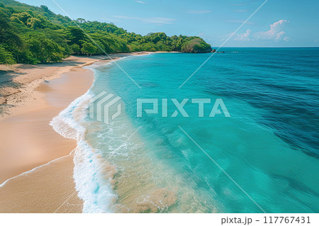 Beautiful beach with a blue ocean and a green forest in the background 117767431