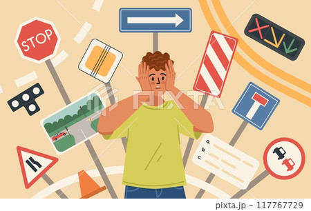 Shocked man driver beginner over road signs and driving rules Shocked man driver beginner over road signs and driving rules 117767729