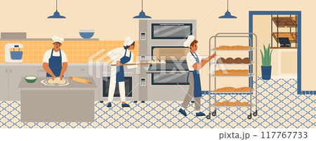 Man and woman bakers kneading dough and baking bread 117767733