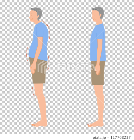 Illustration set of floating toes and normal soles of senior's feet (poor posture of male whole body) 117768237