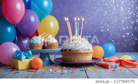 A birthday celebration scene with balloons, a large cupcake with candles, and gifts on a purple background. 117768579