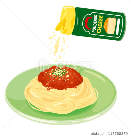 粉チーズが振りかけられる皿に盛られたパスタ 117768870