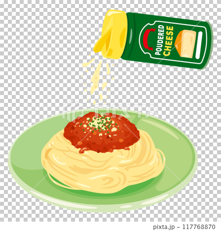 粉チーズが振りかけられる皿に盛られたパスタ 117768870