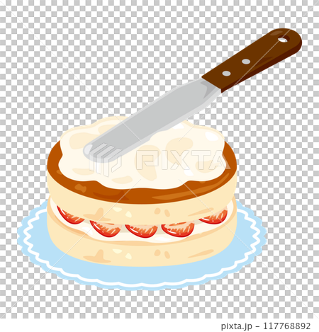 Sponge cake with cream applied using a palette knife 117768892