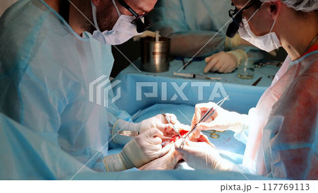 Skilled surgical team works together during high-stakes operation modern healthcare. Doctors and surgical assistants collaborate in state-of-the-art operating room medical procedures technology. Skilled surgical team works together during high-stakes operation modern healthcare. Doctors and surgical assistants collaborate in state-of-the-art operating room medical procedures technology. 117769113