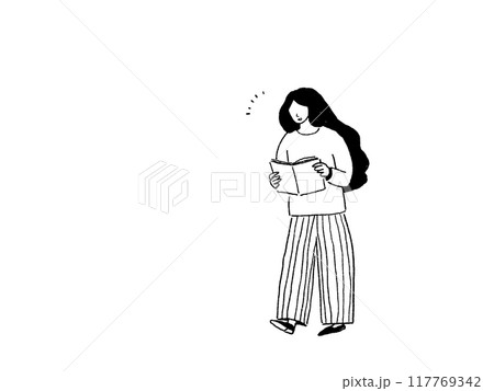 本を読む女性、線画 117769342