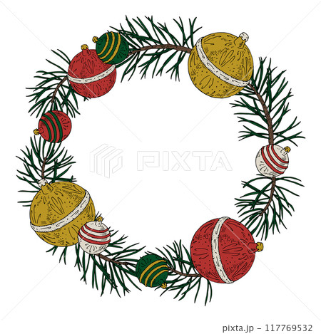 A round Christmas wreath featuring fir branches and festive baubles. The vintage style sketch is perfect for creating holiday cards, with space for text. Hand drawn vector illustration A round Christmas wreath featuring fir branches and festive baubles. The vintage style sketch is perfect for creating holiday cards, with space for text. Hand drawn vector illustration 117769532