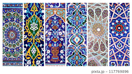 Set of vertical or horizontal banners with detail of ancient mosaic walls with floral and geometric ornaments. Collection of backgrounds with traditional iranian tile decorations Set of vertical or horizontal banners with detail of ancient mosaic walls with floral and geometric ornaments. Collection of backgrounds with traditional iranian tile decorations 117769896