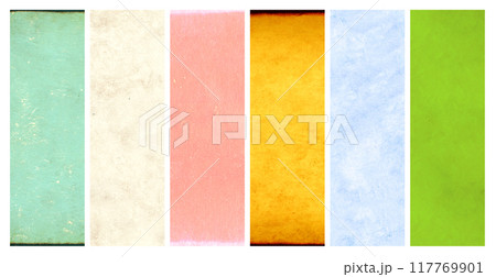 Set of standard horizontal or vertical full banners with old paper textures of blue, yellow, green, pink and beige colors. Mock up template. Copy space for text 117769901