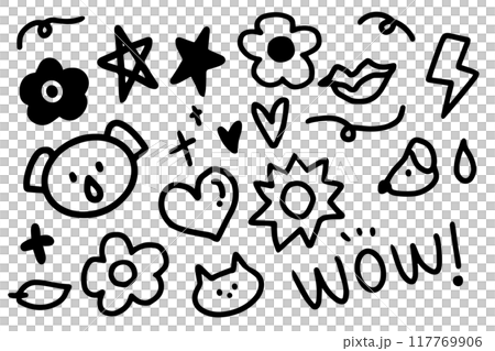 Set of doodle hand drawn. Elements of star, cat, cloud, sun, eye, word, sun etc 117769906