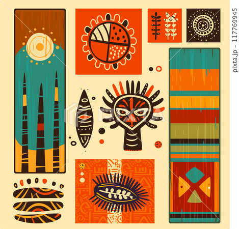 Eye-catching square card, banner, background, flyer, placard with ethnic ornaments. Gift tag, label or poster template with african tribal motifs. Vector illustration EPS8 Eye-catching square card, banner, background, flyer, placard with ethnic ornaments. Gift tag, label or poster template with african tribal motifs. Vector illustration EPS8 117769945