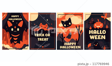 Set of Halloween eye-catching card, banner, background, flyer, placard with cute kitty ghosts. Collection of gift tag, label or poster template with little cat ghost. Vector EPS8 Set of Halloween eye-catching card, banner, background, flyer, placard with cute kitty ghosts. Collection of gift tag, label or poster template with little cat ghost. Vector EPS8 117769946