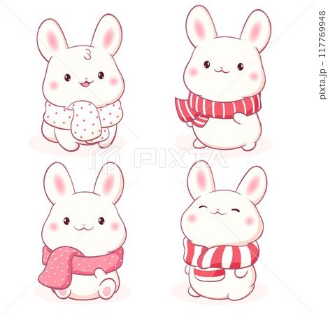 Set of little bunny in kawaii style. Winter holiday set with tiny baby rabbits in scarves. Cute rabbit expression sheet collection. Can be used for t-shirt print, sticker, greeting card. Vector EPS8 Set of little bunny in kawaii style. Winter holiday set with tiny baby rabbits in scarves. Cute rabbit expression sheet collection. Can be used for t-shirt print, sticker, greeting card. Vector EPS8 117769948
