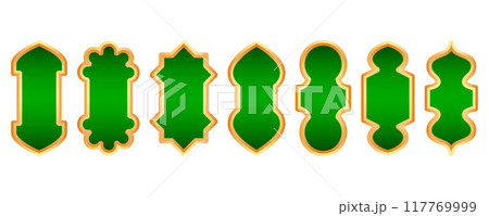 Ramadan golden frame. Islamic window shape. Arabic vector arch. Muslim vintage border for design with green background. Indian decoration in oriental style. 117769999