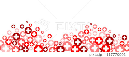 Medical cross and plus background. Abstract seamless red border for hospital healthcare and pharmacy. Geometrical shapes ornament. Vector wallpaper 117770001