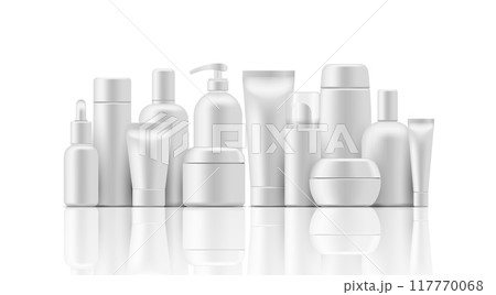Cosmetics package mockups. White blank plastic bottles, tubes and jar for cream 117770068