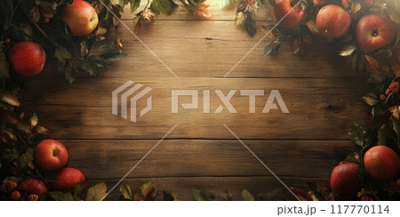 Festive sukkot background with apples and autumn leaves on rustic wood Festive sukkot background with apples and autumn leaves on rustic wood 117770114