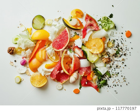 Ultra-realistic depiction of food waste on white background for environmental awareness Ultra-realistic depiction of food waste on white background for environmental awareness 117770197