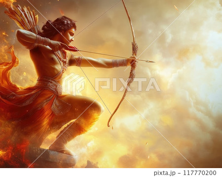 Majestic dussehra warrior in fiery battle stance with copy space for text design 117770200