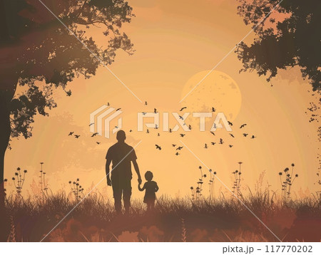 Father's day celebration background with silhouette of father and child in nature at sunset 117770202