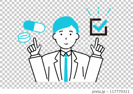 薬のアイコンとチェックマークを指差しする男性医師 薬のアイコンとチェックマークを指差しする男性医師 117770321