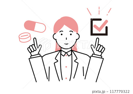 薬のアイコンとチェックマークを指差しする女性医師 117770322