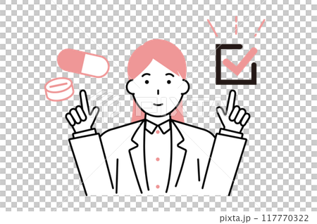 薬のアイコンとチェックマークを指差しする女性医師 117770322