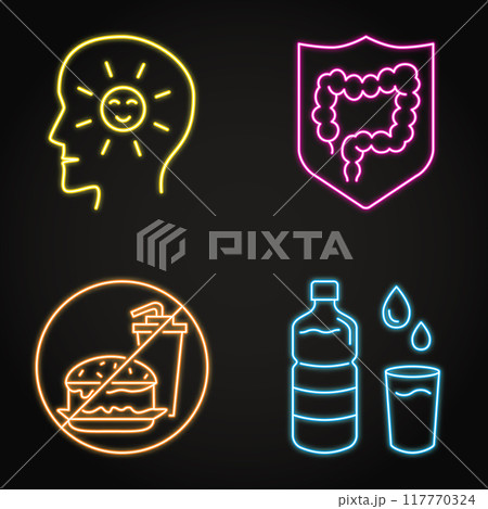 Healthy eating neon icon set Healthy eating neon icon set 117770324