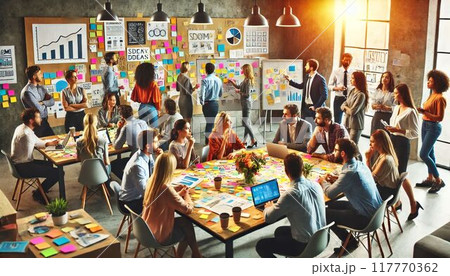 テーブルを囲んで、ポストイットを使ったブレインストーミング. 117770362