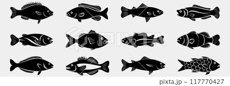 Fish silhouette vector illustration. Fish silhouette, Icon and Sign. 117770427