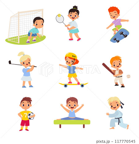 Kids Sport with Girl and Boy Character Enjoy Sportive Activity Vector Set 117770545