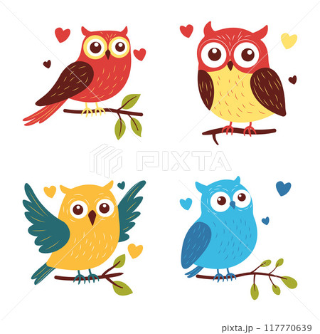 Collection of Cute Colorful Owl Bird Animal Character in Love 117770639