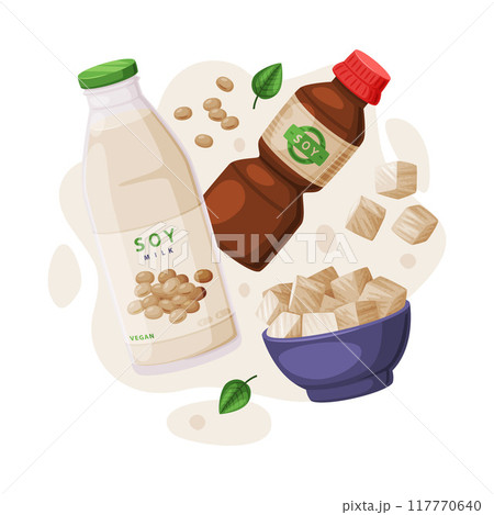 Natural Soy Products from Soybean Plant with Tofu, Sauce and Milk in Bottle Vector Composition Natural Soy Products from Soybean Plant with Tofu, Sauce and Milk in Bottle Vector Composition 117770640