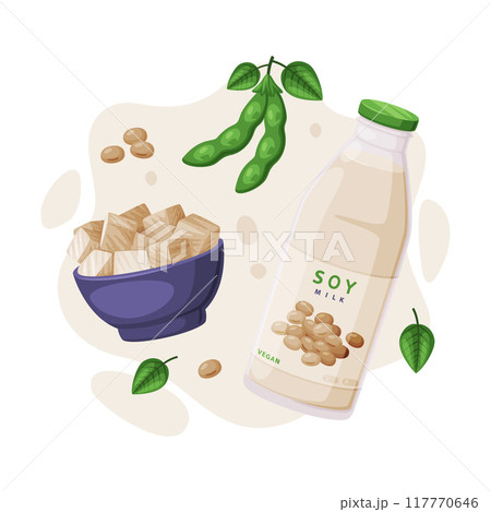 Natural Soy Products from Soybean Plant with Tofu and Milk in Bottle Vector Composition Natural Soy Products from Soybean Plant with Tofu and Milk in Bottle Vector Composition 117770646