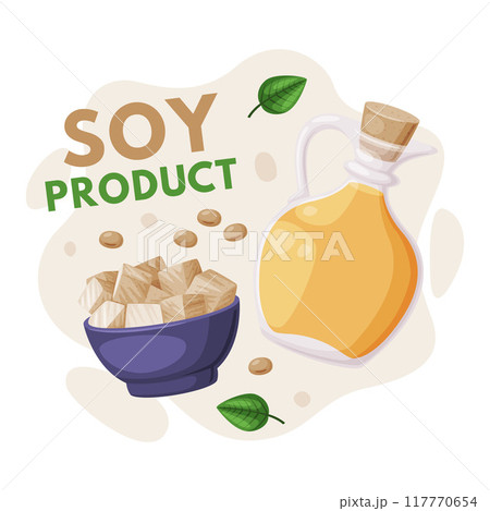 Natural Soy Products from Soybean Plant with Oil in Glass Jar and Tofu in Bowl Vector Composition 117770654