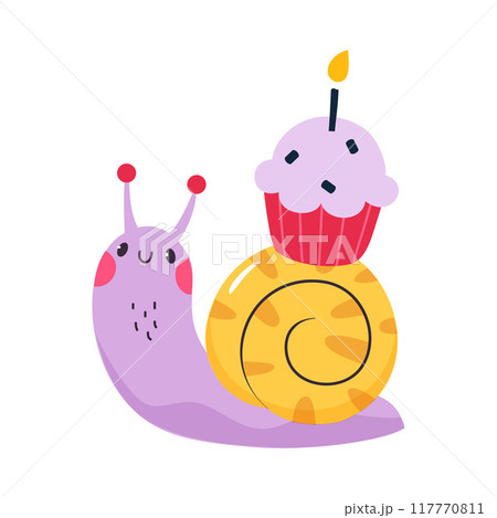 Cute Snail Character with Shell Carrying Cupcake with Candle on Its Back Vector Illustration 117770811