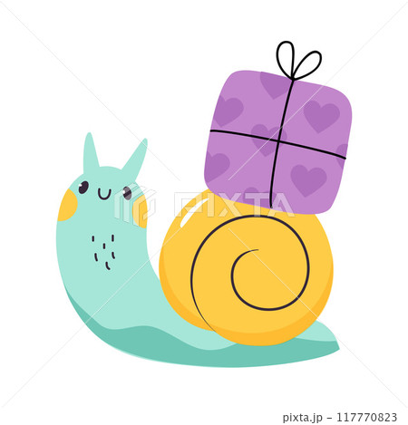 Cute Snail Character with Shell Carrying Gift Box on Its Back Vector Illustration 117770823