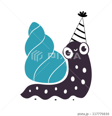 Cute Snail Character with Coiled Shell Wearing Birthday Cone Hat Vector Illustration 117770830