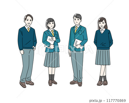 制服を着た笑顔の学生の全身イラストセット 117770869