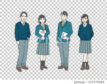 制服を着た笑顔の学生の全身イラストセット 117770869