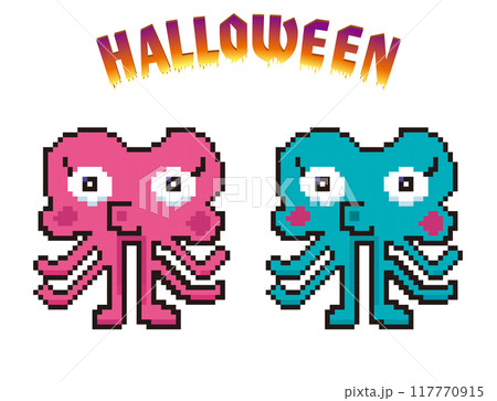 ハロウィン用の8ビットのピクセルアート、デフォルメされた宇宙人モンスターのアイコン、イラスト。 ハロウィン用の8ビットのピクセルアート、デフォルメされた宇宙人モンスターのアイコン、イラスト。 117770915