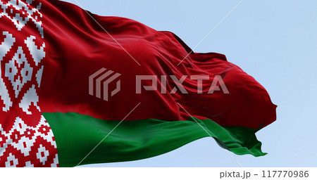 National flag of Belarus waving in the wind on a clear day National flag of Belarus waving in the wind on a clear day 117770986