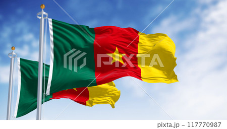 Cameroonian flag fluttering against a clear blue sky 117770987