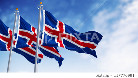 Close-up of three Iceland national flags waving Close-up of three Iceland national flags waving 117770991